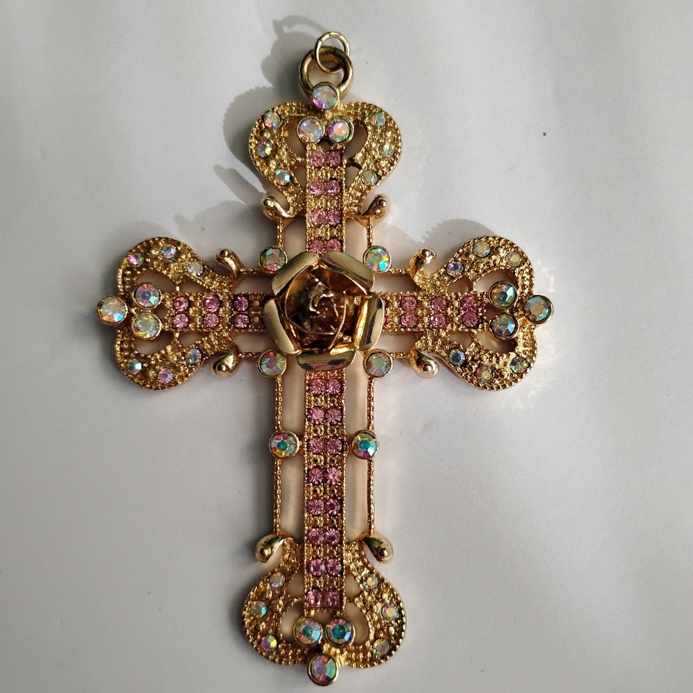 Large Cross Pendant, Gold-toned with Rhinestones, Pre-owned